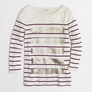 J Crew Womens Size S White Sequin Striped  Tee T-shirt 3/4 Sleeves Pullover Top